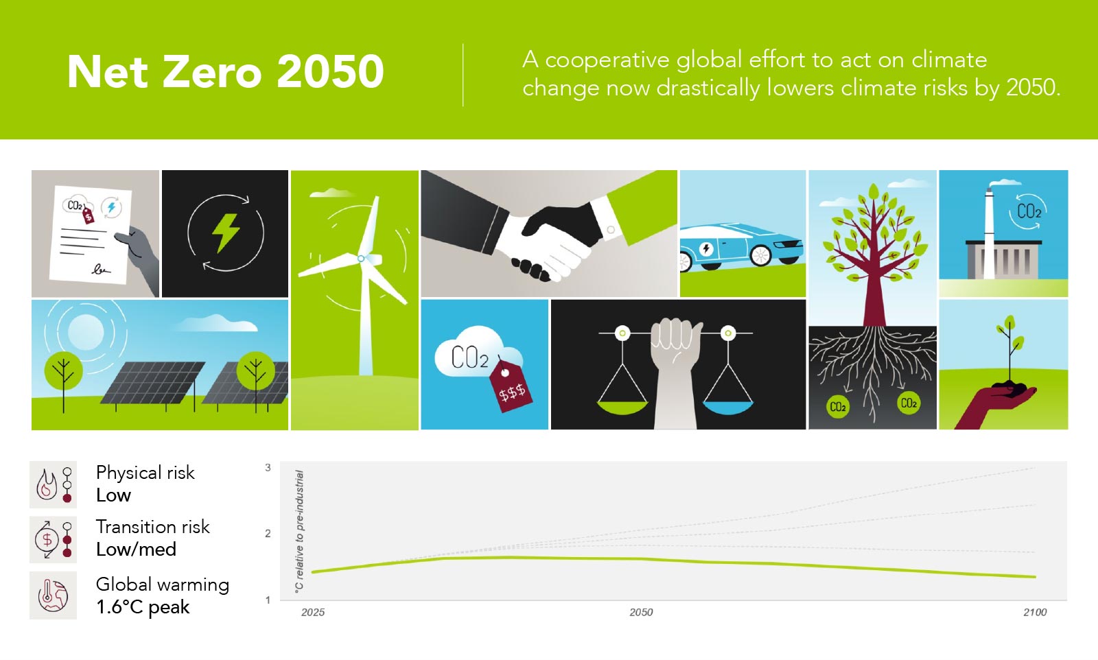 Net Zero 2050: A cooperative global effort to act on climate change now drastically lowers climate risks by 2050.